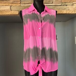 NEW INC Sheer Mesh Top Tie Dye Spring Summer Tribal Sunrise Pink Gray L